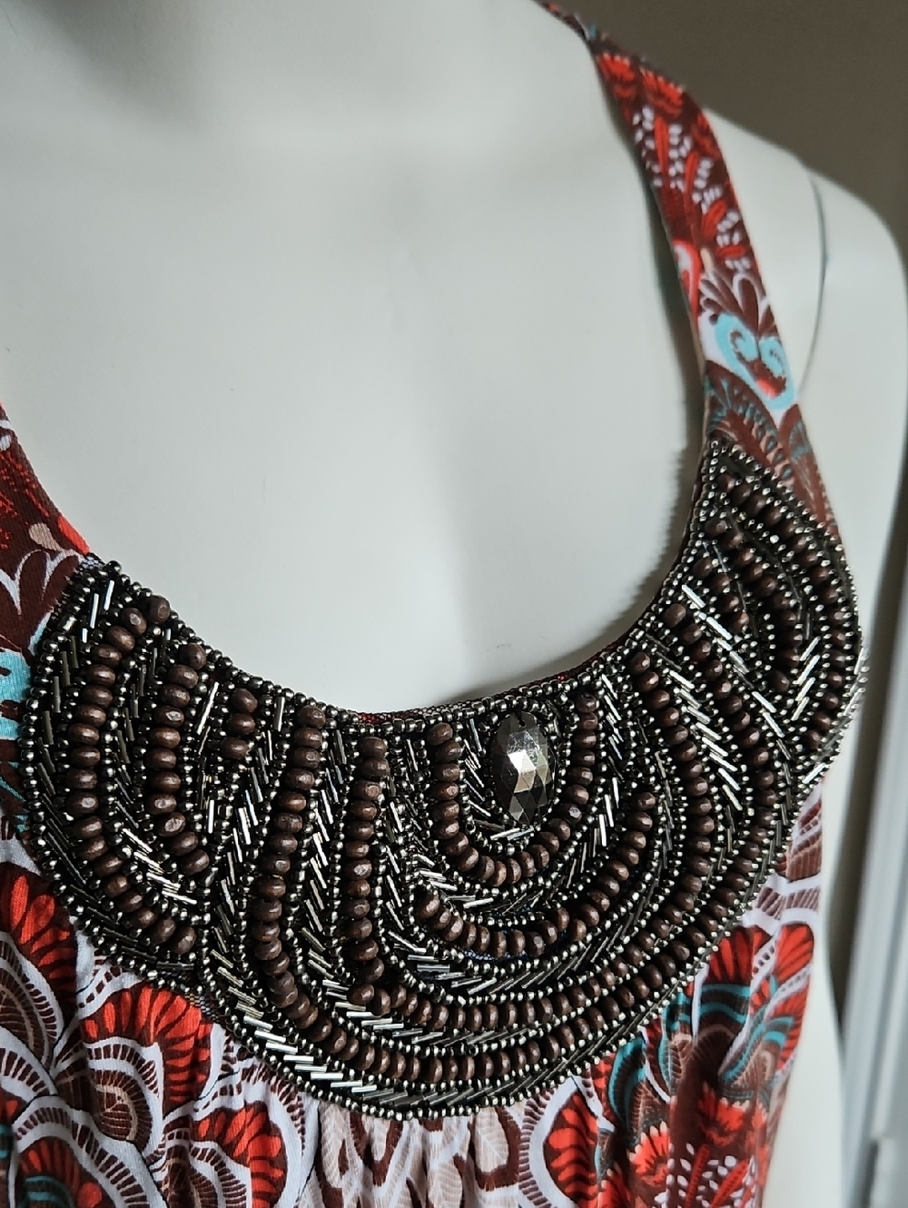 4/$20Boho Beaded Scoop Neck Tunic Top | Turquoise & Brown Paisley | Plus Size 18 - Picture 2 of 7
